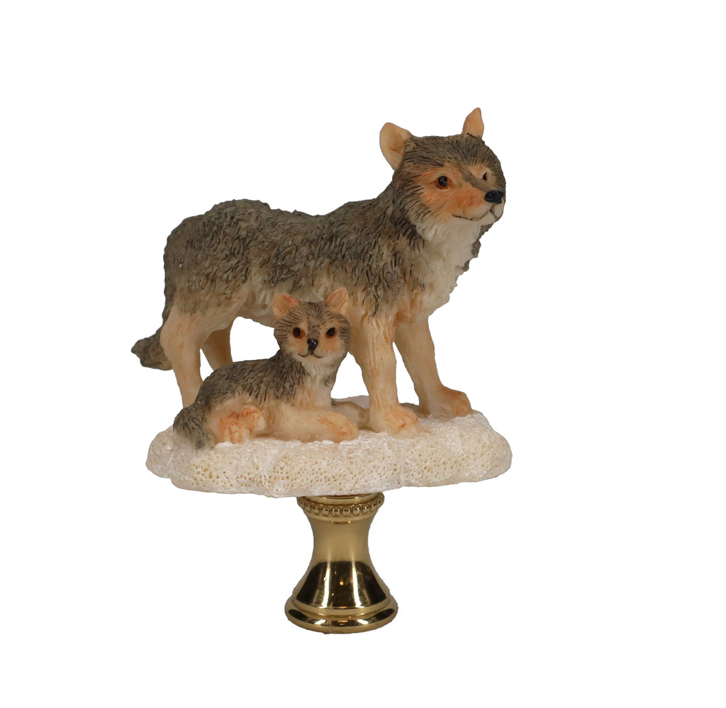 2-3/4" Tall Brass Finial Wolf & Pup, Ceramic, 1/4-27F Tap (15128C)