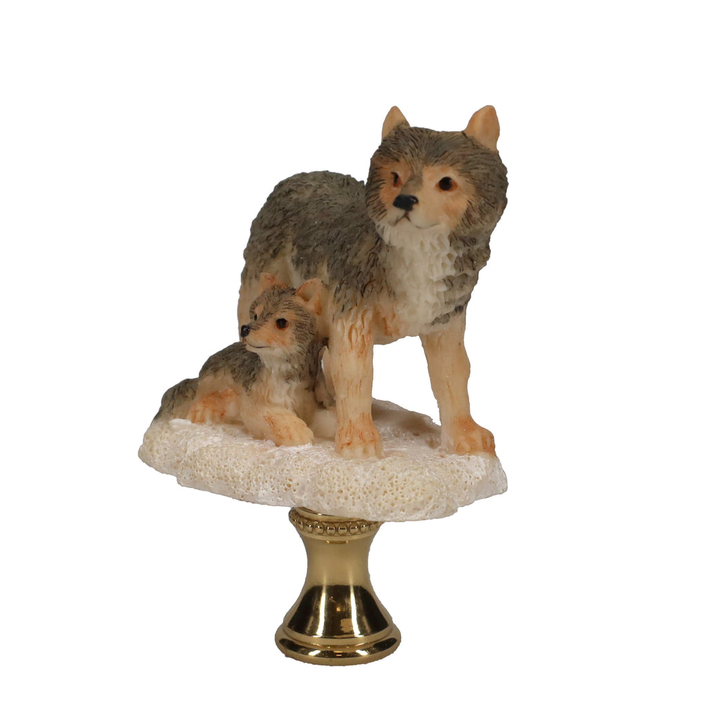 2-3/4" Tall Brass Finial Wolf & Pup, Ceramic, 1/4-27F Tap (15128C)