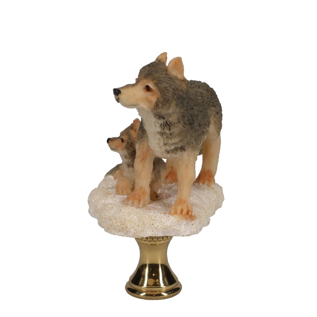 2-3/4" Tall Brass Finial Wolf & Pup, Ceramic, 1/4-27F Tap (15128C)