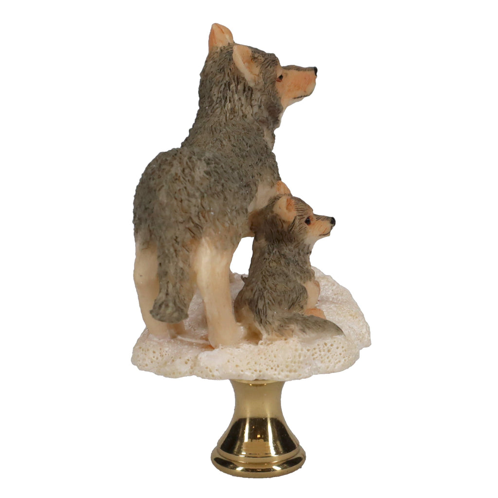 2-3/4" Tall Brass Finial Wolf & Pup, Ceramic, 1/4-27F Tap (15128C)