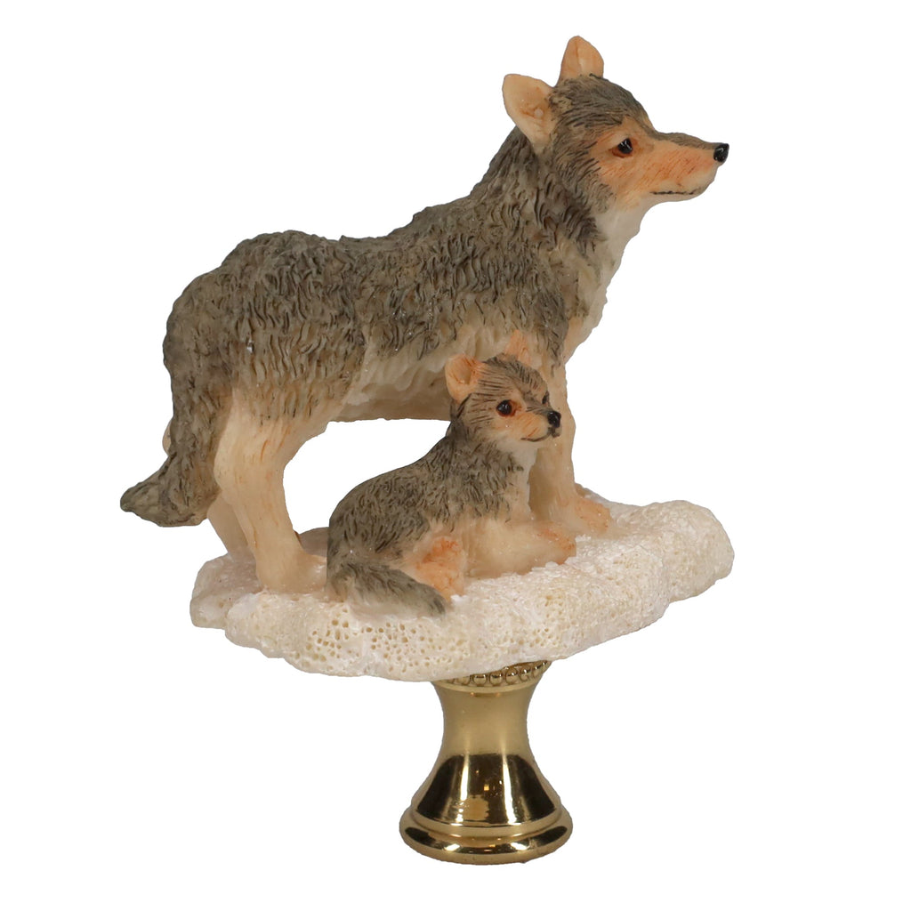 2-3/4" Tall Brass Finial Wolf & Pup, Ceramic, 1/4-27F Tap (15128C)