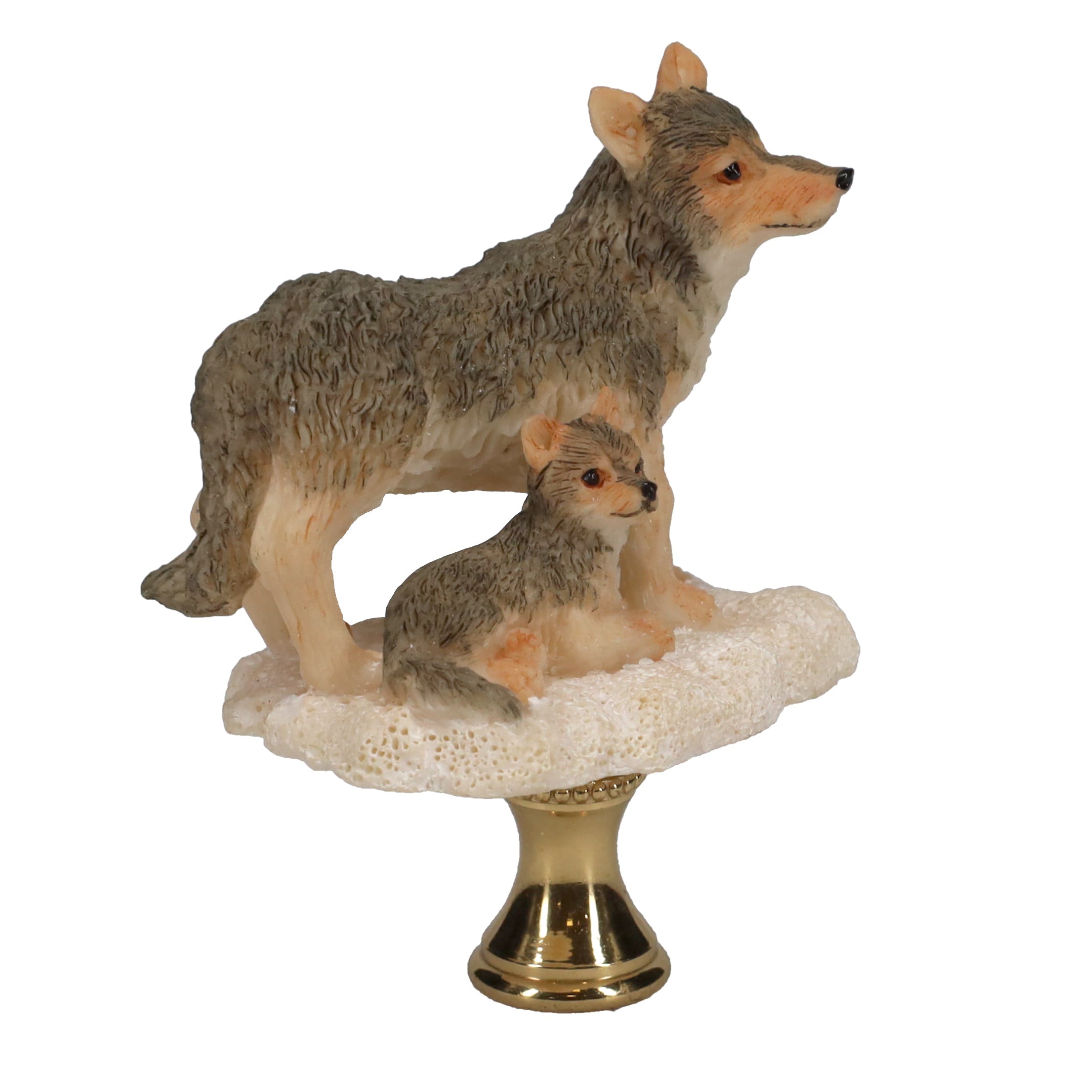 2-3/4" Tall Brass Finial Wolf & Pup, Ceramic, 1/4-27F Tap (15128C)