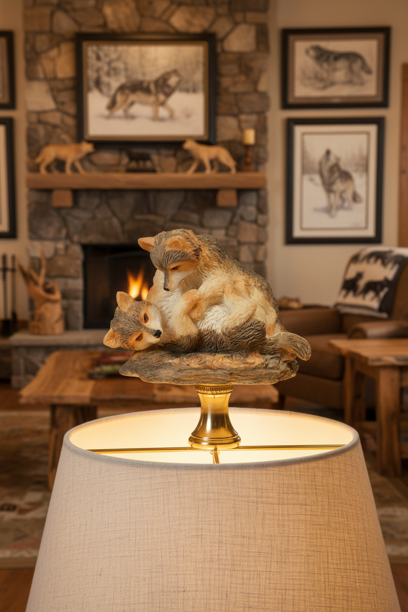 2-1/2" Tall Brass Finial Two Wolves, Ceramic, 1/4-27F Tap (15128D)