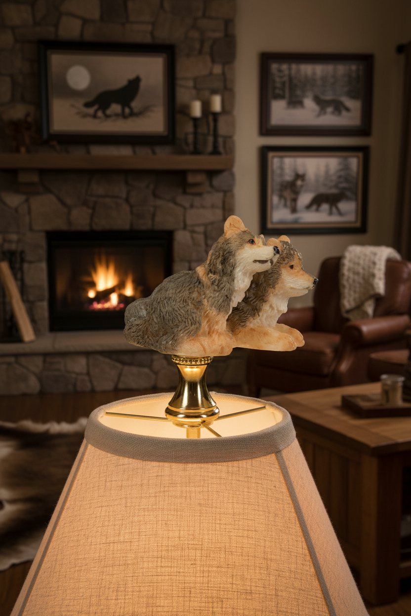 2-1/2" Tall Brass Finial Two Wolves, Ceramic, 1/4-27F Tap (15128E)