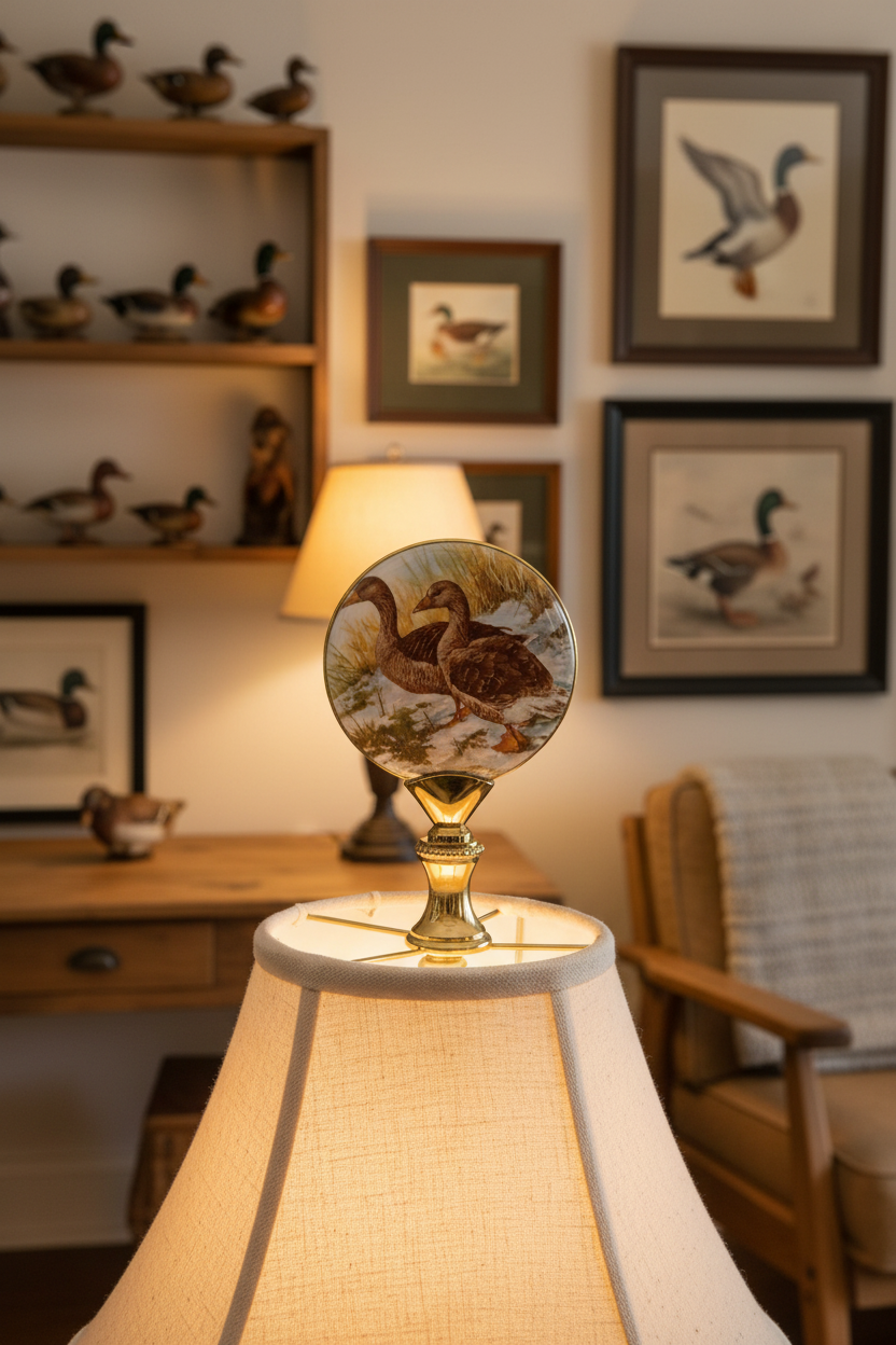 2-7/8" Tall Brass Finial, Picture of Ducks, Ceramic, 1/4-27F Tap (15133)