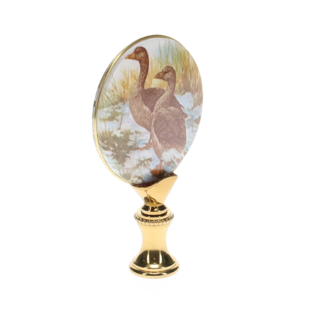 2-7/8" Tall Brass Finial, Picture of Ducks, Ceramic, 1/4-27F Tap (15133)