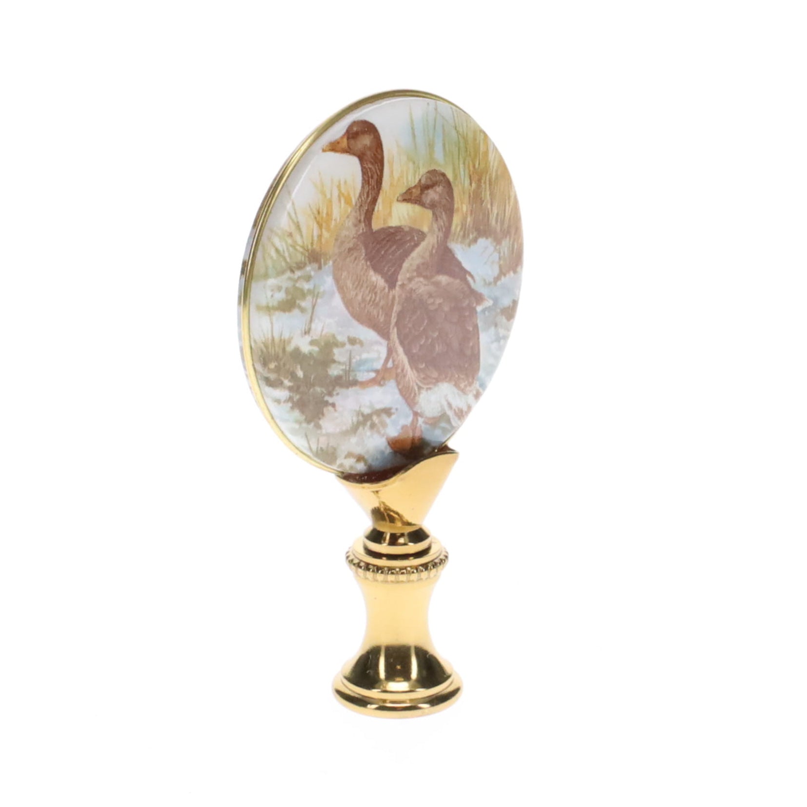 2-7/8" Tall Brass Finial, Picture of Ducks, Ceramic, 1/4-27F Tap (15133)