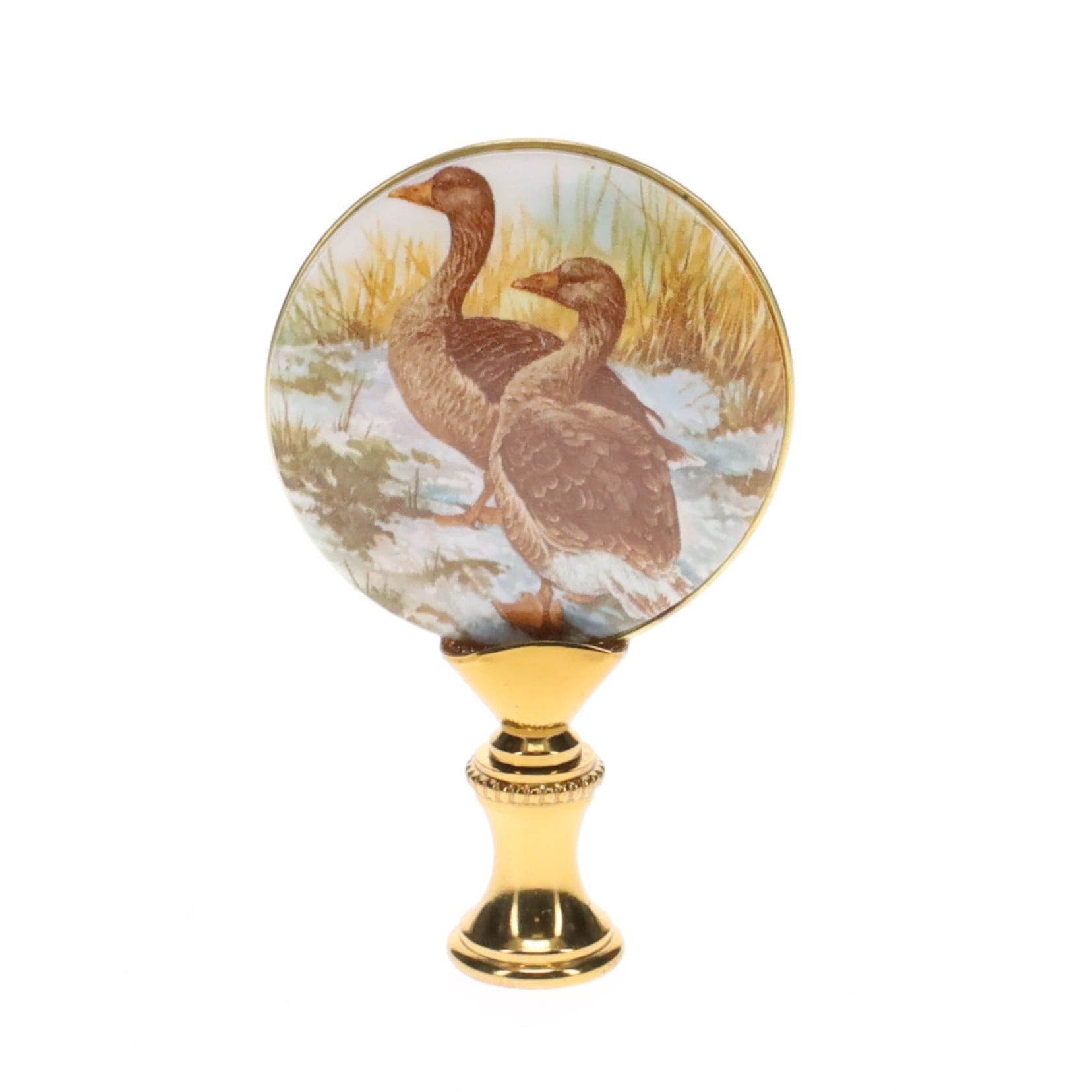 2-7/8" Tall Brass Finial, Picture of Ducks, Ceramic, 1/4-27F Tap (15133)