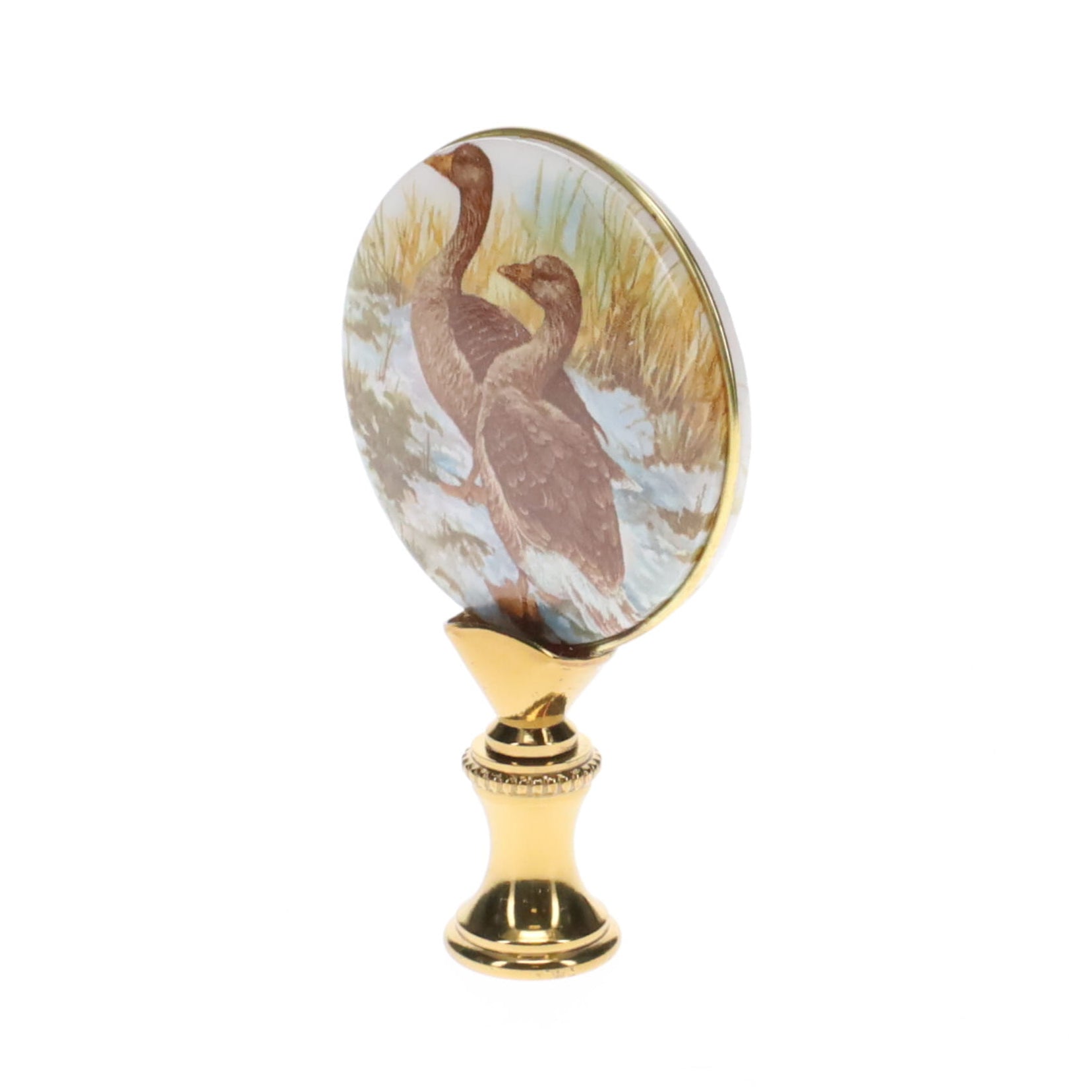 2-7/8" Tall Brass Finial, Picture of Ducks, Ceramic, 1/4-27F Tap (15133)