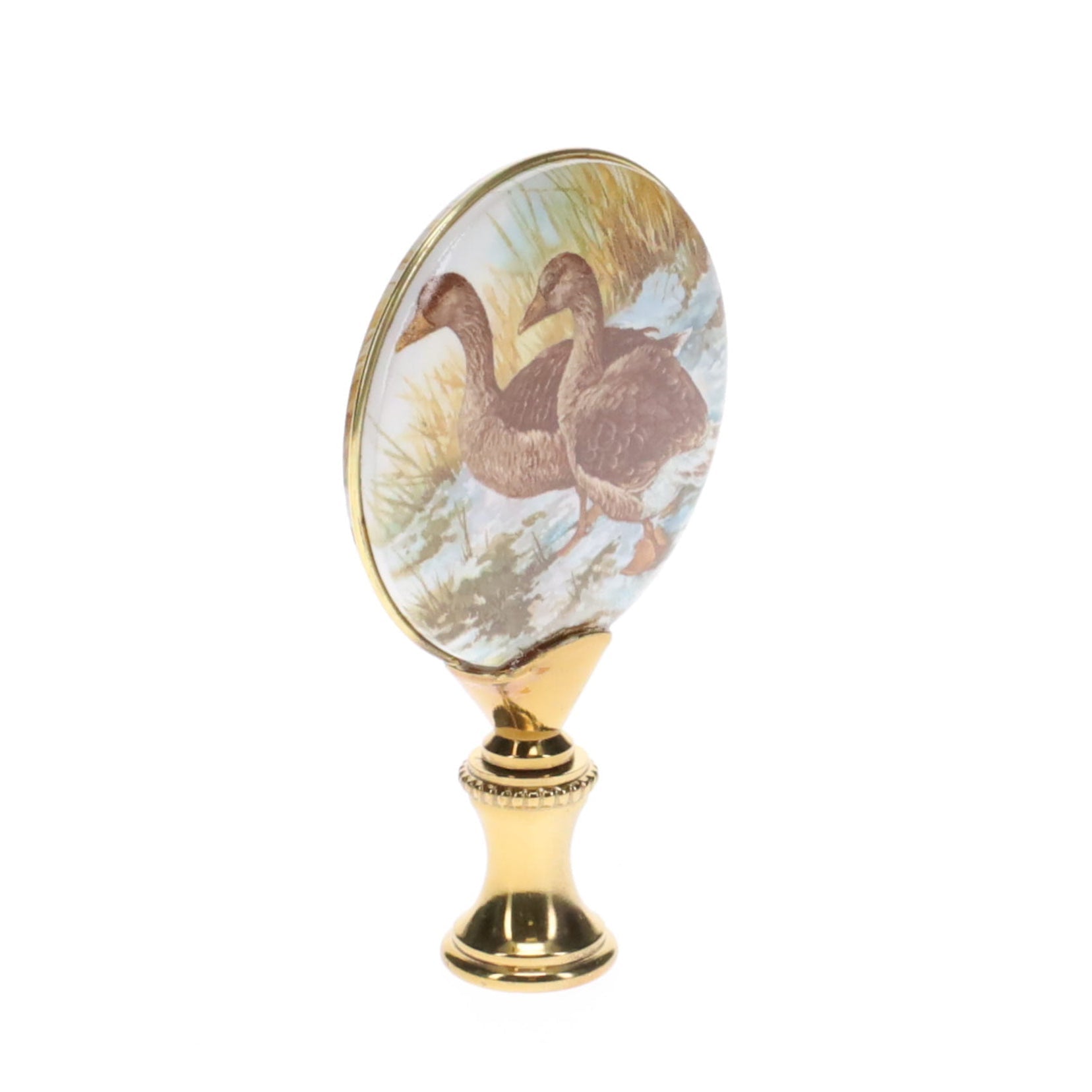 2-7/8" Tall Brass Finial, Picture of Ducks, Ceramic, 1/4-27F Tap (15133)