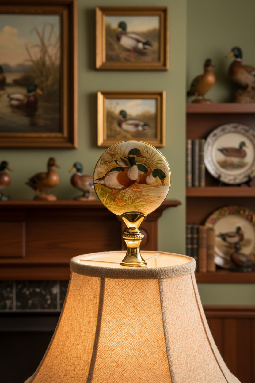 2-7/8" Tall Brass Finial, Picture of Ducks, Ceramic, 1/4-27F Tap (15134)