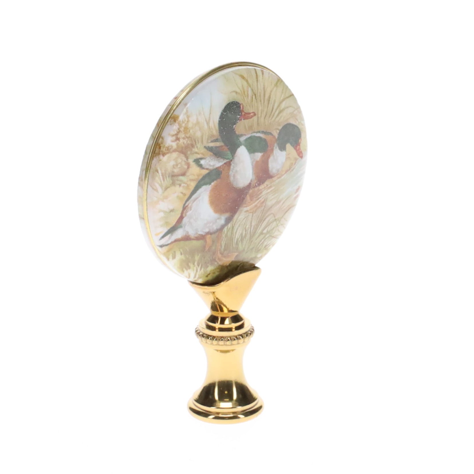 2-7/8" Tall Brass Finial, Picture of Ducks, Ceramic, 1/4-27F Tap (15134)