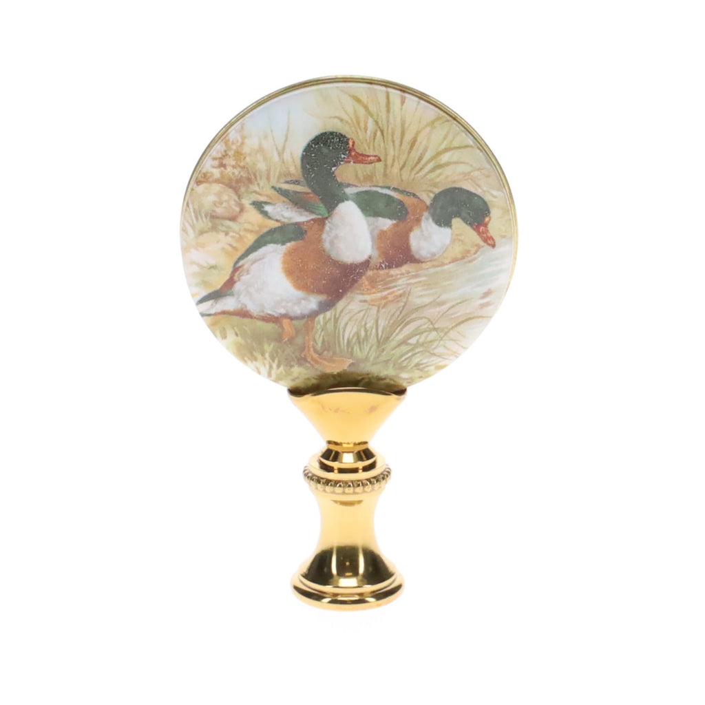 2-7/8" Tall Brass Finial, Picture of Ducks, Ceramic, 1/4-27F Tap (15134)