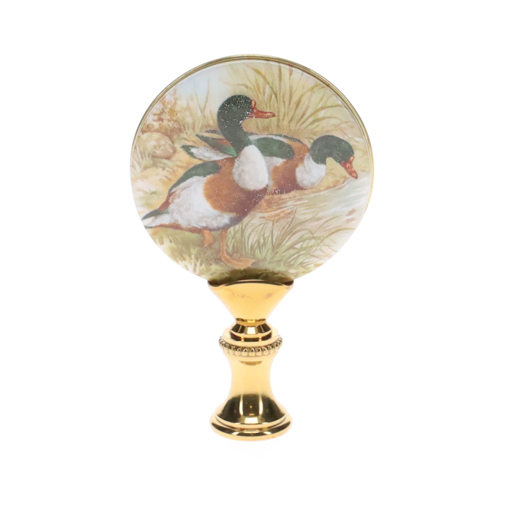 2-7/8" Tall Brass Finial, Picture of Ducks, Ceramic, 1/4-27F Tap (15134)