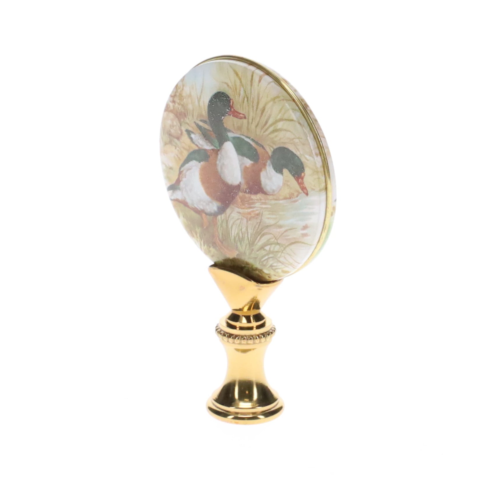 2-7/8" Tall Brass Finial, Picture of Ducks, Ceramic, 1/4-27F Tap (15134)