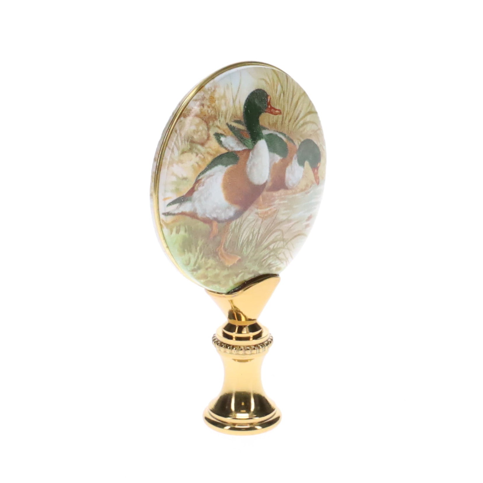 2-7/8" Tall Brass Finial, Picture of Ducks, Ceramic, 1/4-27F Tap (15134)