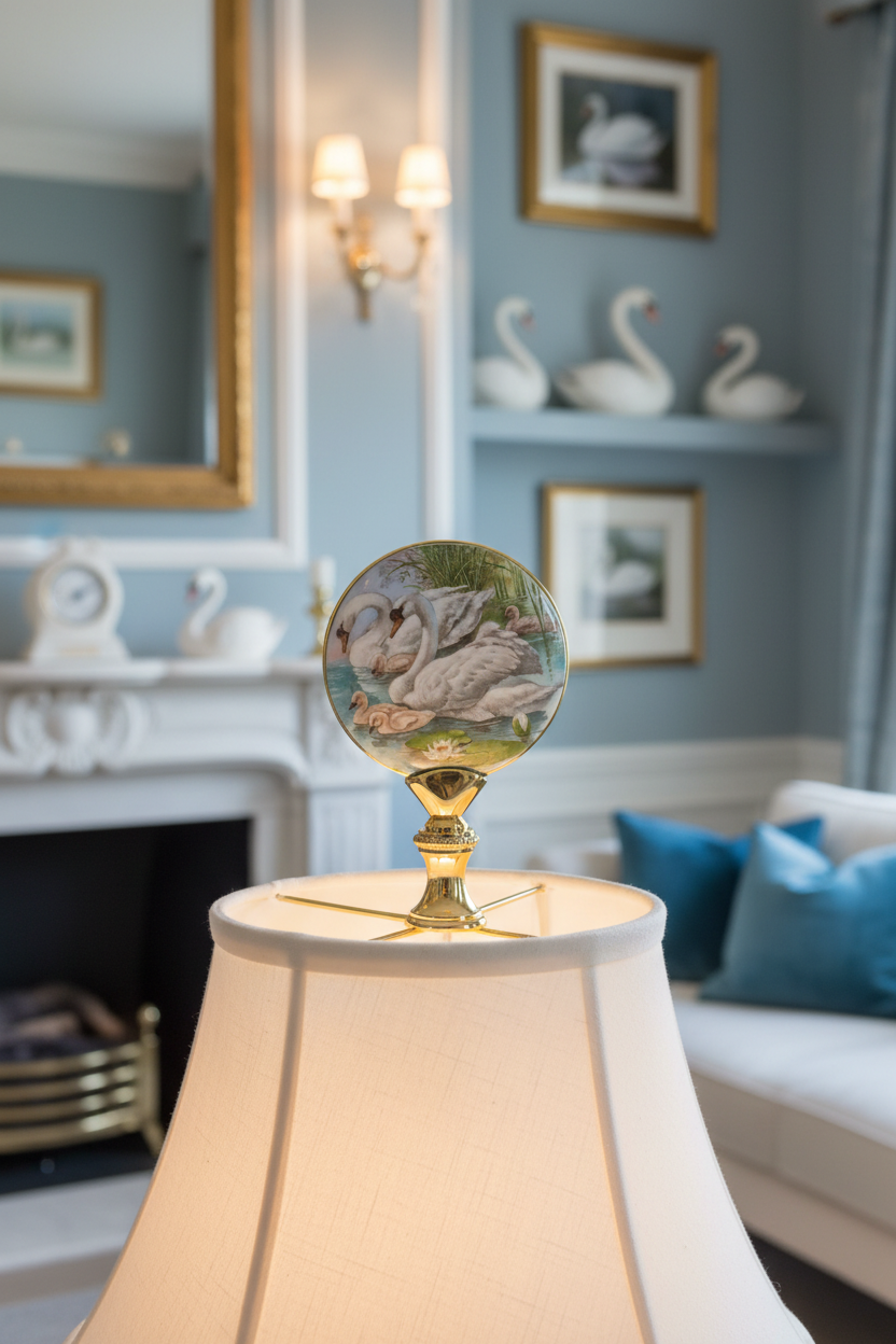 2-7/8" Tall Brass Finial, Picture of Swans, Ceramic, 1/4-27F Tap (15135)