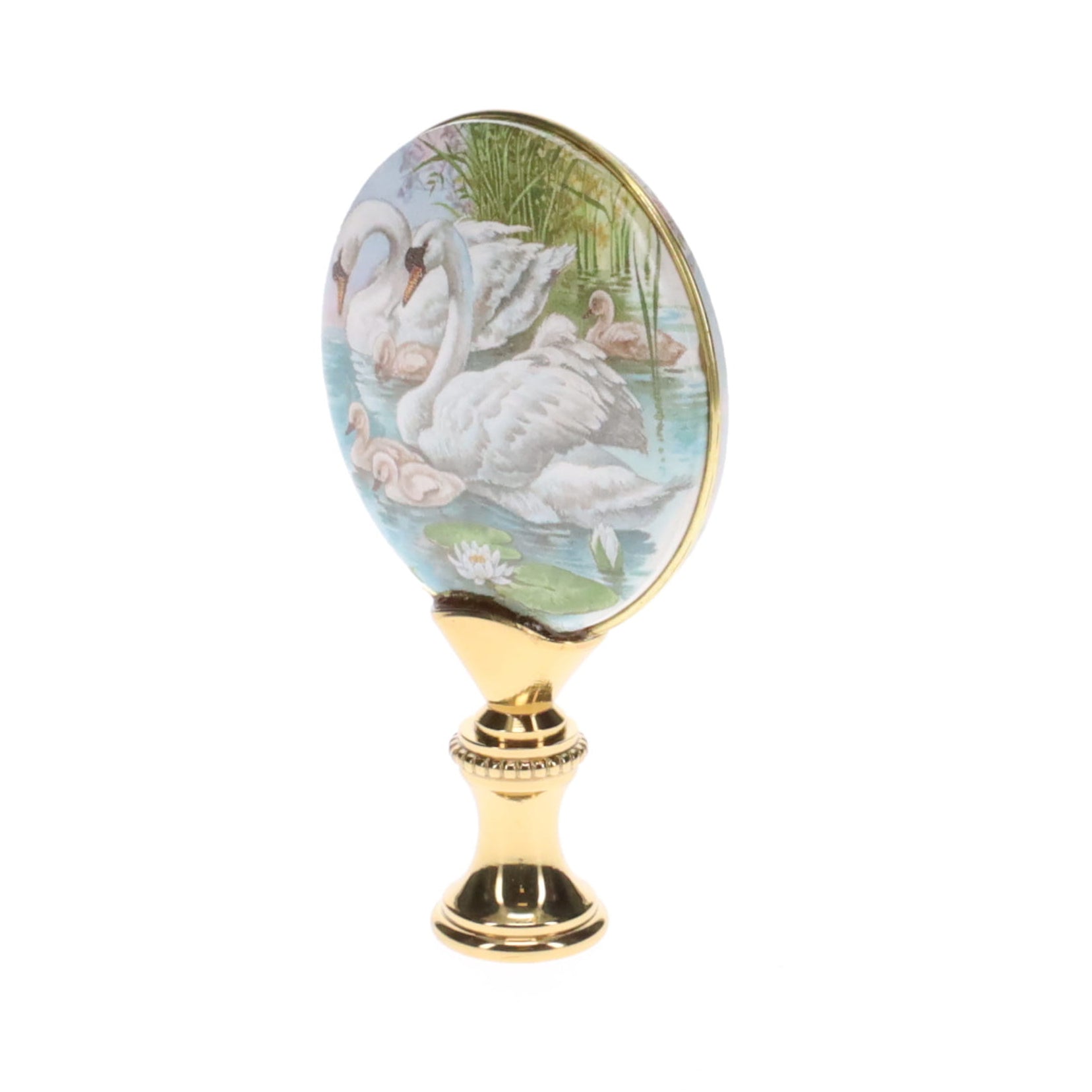 2-7/8" Tall Brass Finial, Picture of Swans, Ceramic, 1/4-27F Tap (15135)