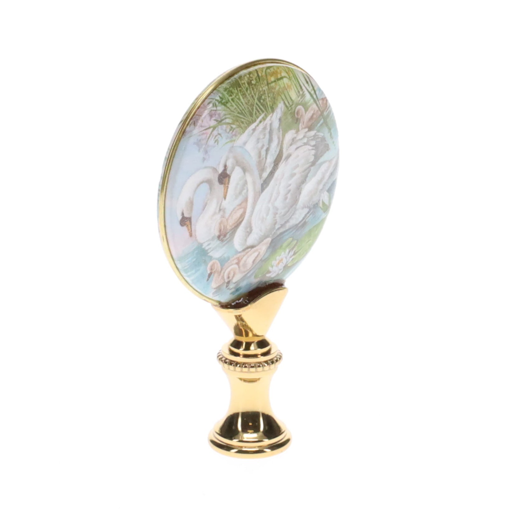 2-7/8" Tall Brass Finial, Picture of Swans, Ceramic, 1/4-27F Tap (15135)