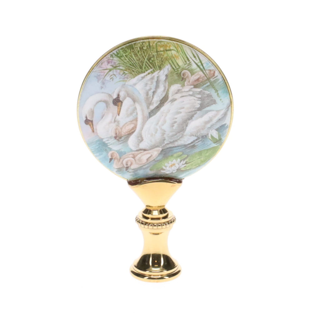 2-7/8" Tall Brass Finial, Picture of Swans, Ceramic, 1/4-27F Tap (15135)