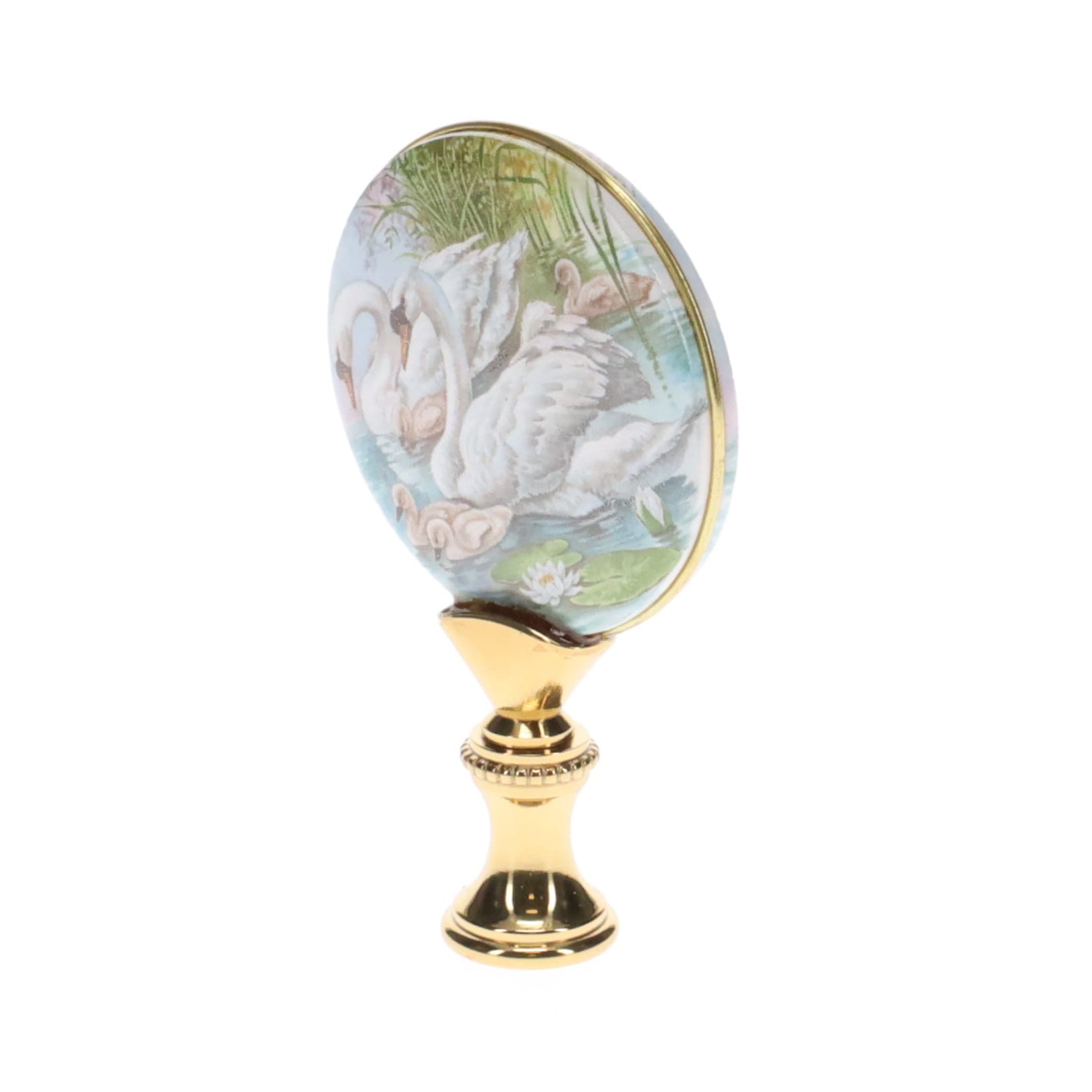 2-7/8" Tall Brass Finial, Picture of Swans, Ceramic, 1/4-27F Tap (15135)