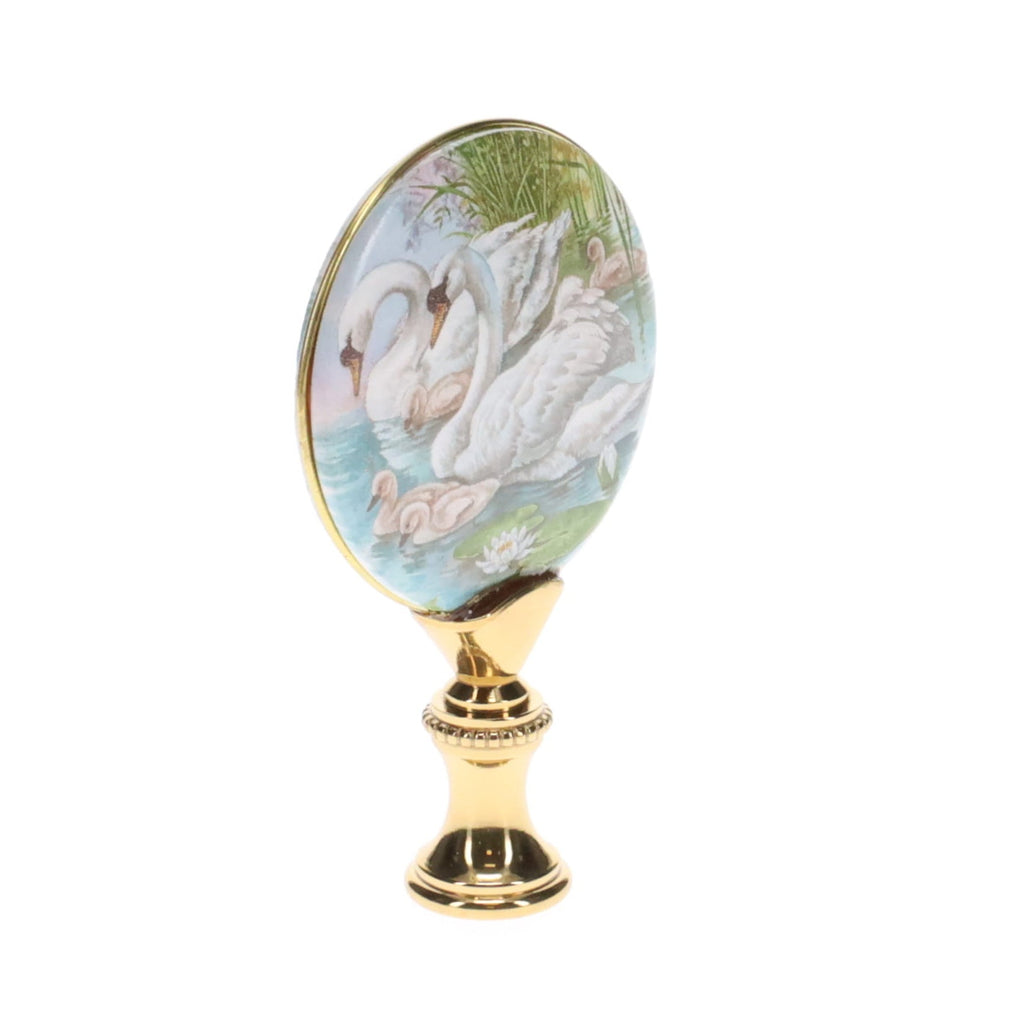 2-7/8" Tall Brass Finial, Picture of Swans, Ceramic, 1/4-27F Tap (15135)
