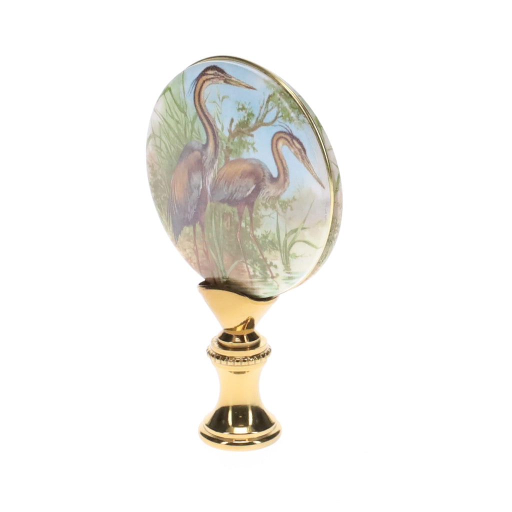 2-7/8" Tall Brass Finial, Picture of Cranes, Ceramic, 1/4-27F Tap (15136)