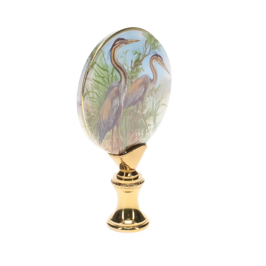 2-7/8" Tall Brass Finial, Picture of Cranes, Ceramic, 1/4-27F Tap (15136)