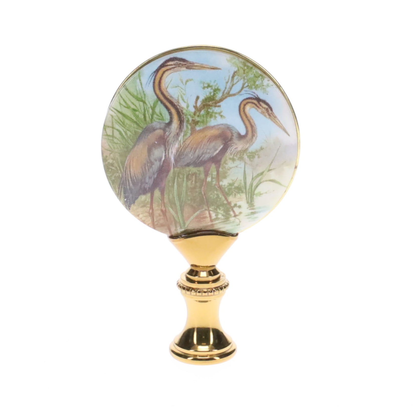 2-7/8" Tall Brass Finial, Picture of Cranes, Ceramic, 1/4-27F Tap (15136)