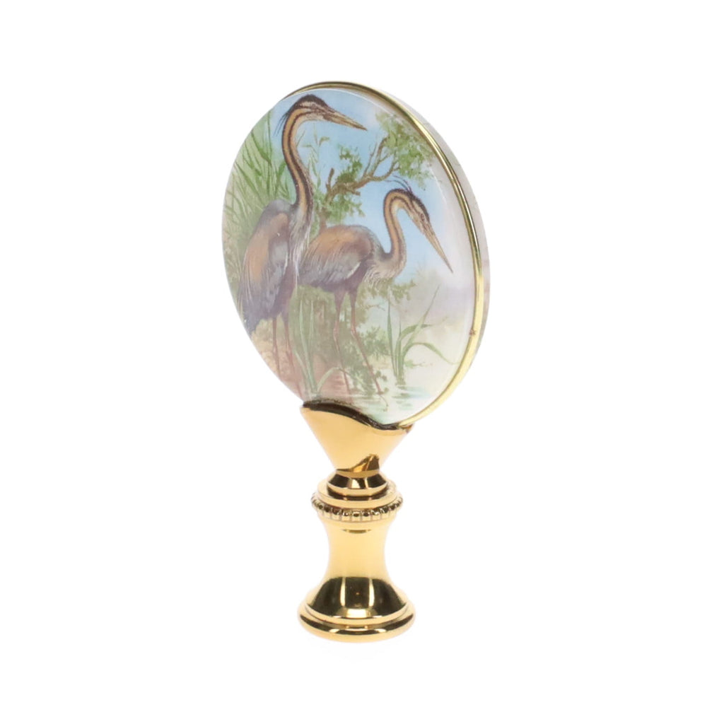 2-7/8" Tall Brass Finial, Picture of Cranes, Ceramic, 1/4-27F Tap (15136)