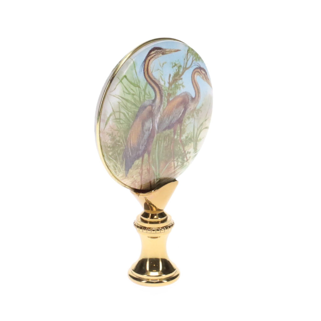 2-7/8" Tall Brass Finial, Picture of Cranes, Ceramic, 1/4-27F Tap (15136)