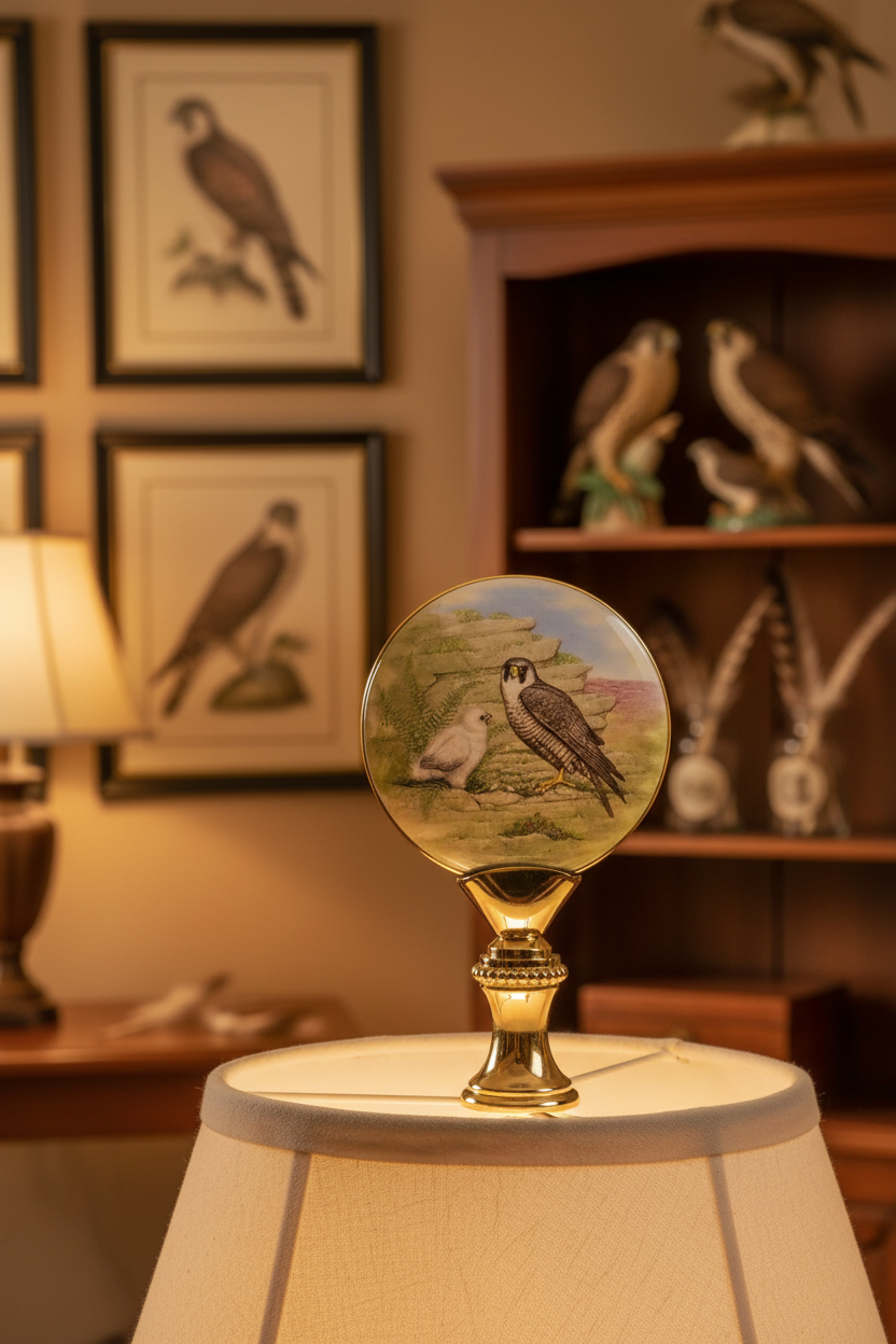 2-5/8" Tall Brass Finial, Picture of Falcons, Ceramic, 1/4-27F Tap (15137)