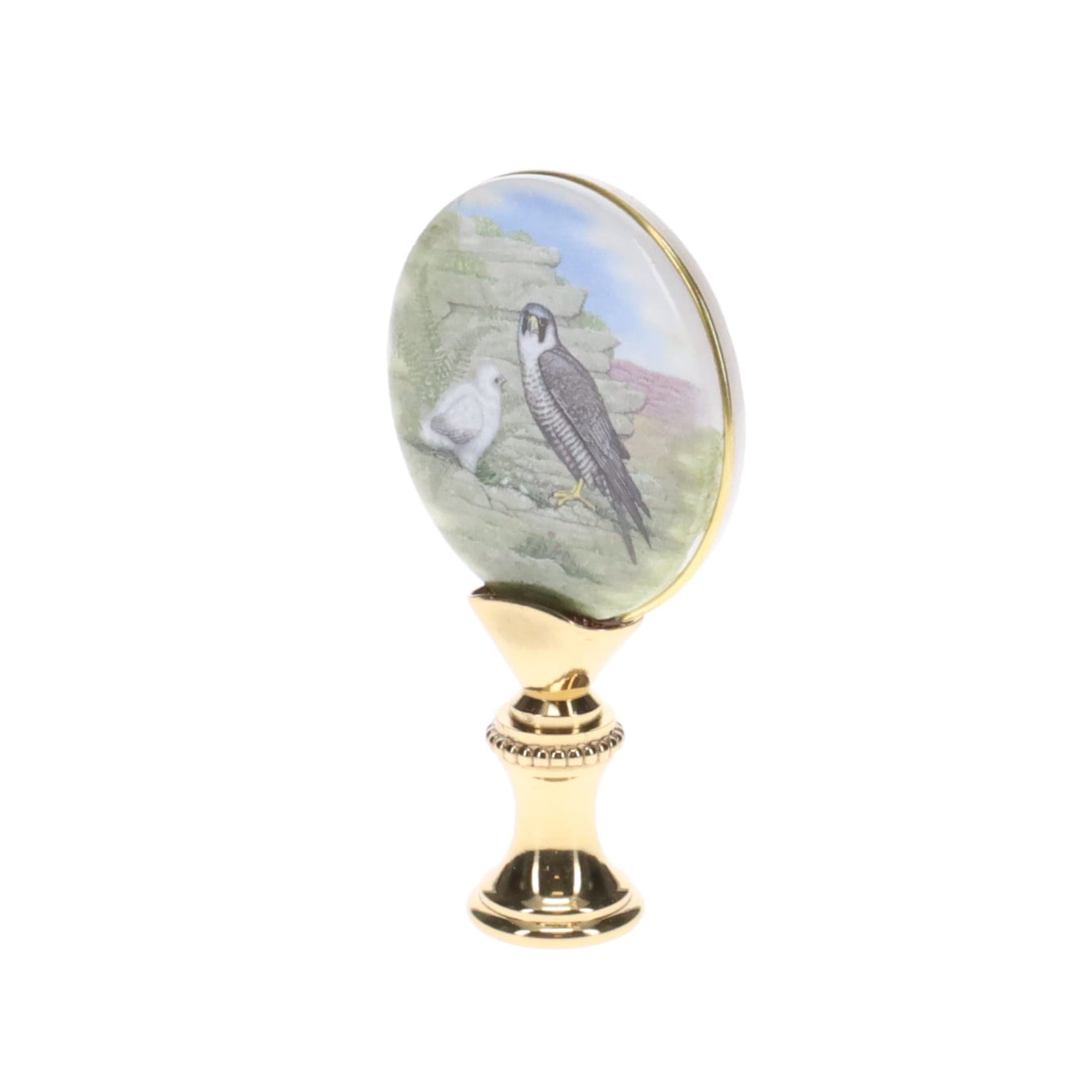 2-5/8" Tall Brass Finial, Picture of Falcons, Ceramic, 1/4-27F Tap (15137)
