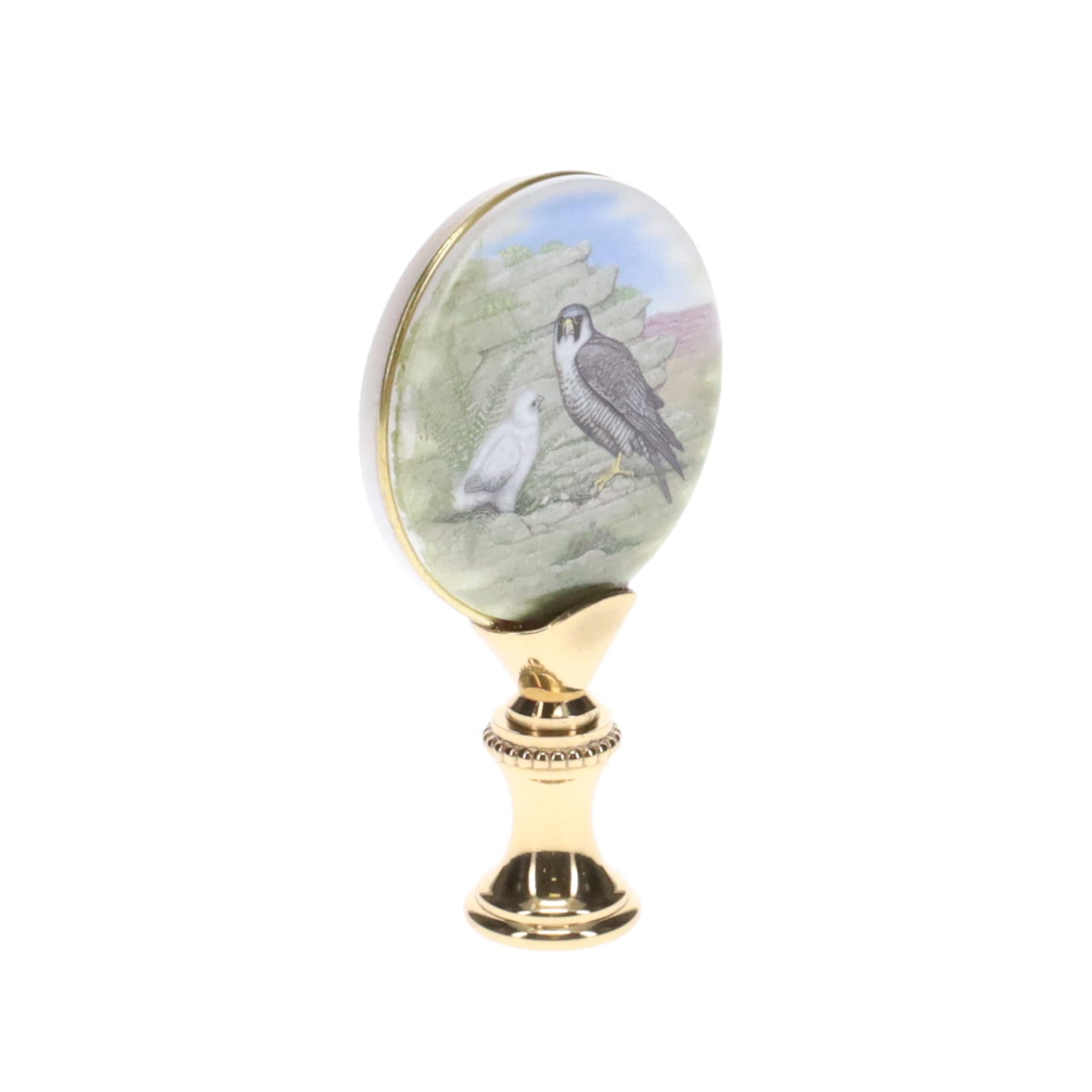 2-5/8" Tall Brass Finial, Picture of Falcons, Ceramic, 1/4-27F Tap (15137)