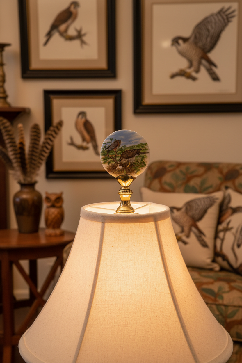2-5/8" Tall Brass Finial, Picture of Hawks, Ceramic, 1/4-27F Tap (15138)
