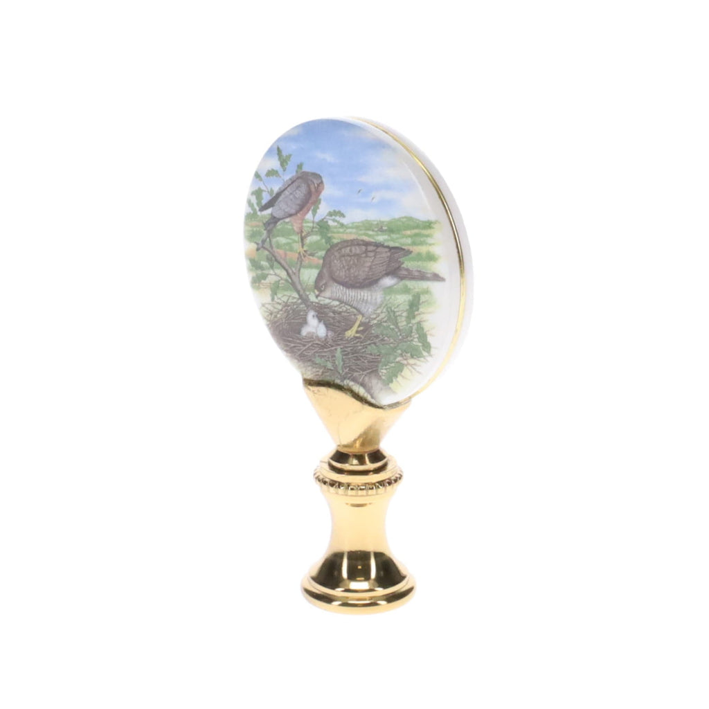 2-5/8" Tall Brass Finial, Picture of Hawks, Ceramic, 1/4-27F Tap (15138)