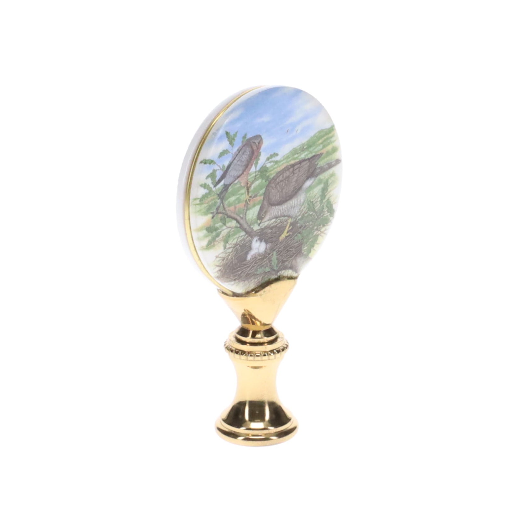 2-5/8" Tall Brass Finial, Picture of Hawks, Ceramic, 1/4-27F Tap (15138)