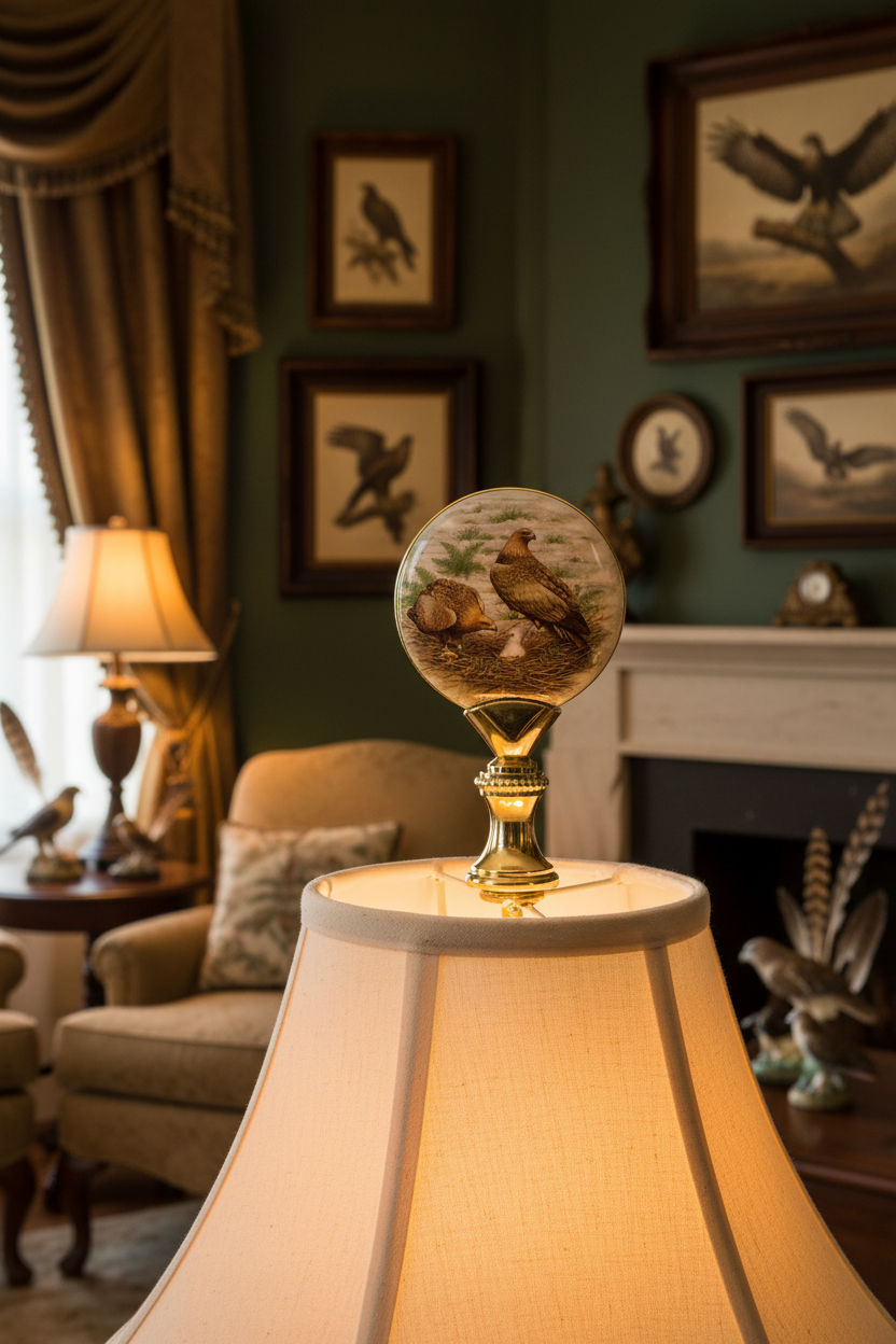 2-5/8" Tall Brass Finial, Picture of Hawks, Ceramic, 1/4-27F Tap (15139)