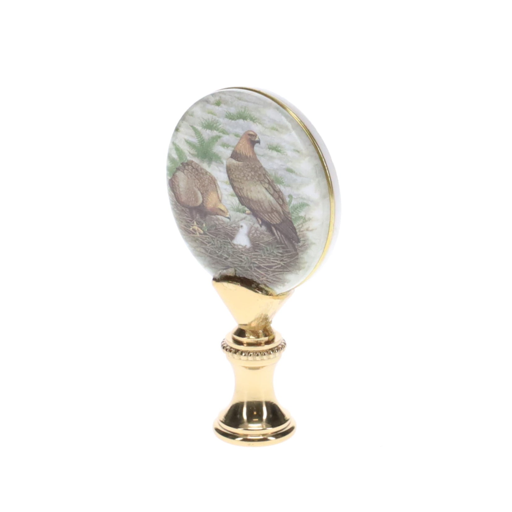 2-5/8" Tall Brass Finial, Picture of Hawks, Ceramic, 1/4-27F Tap (15139)