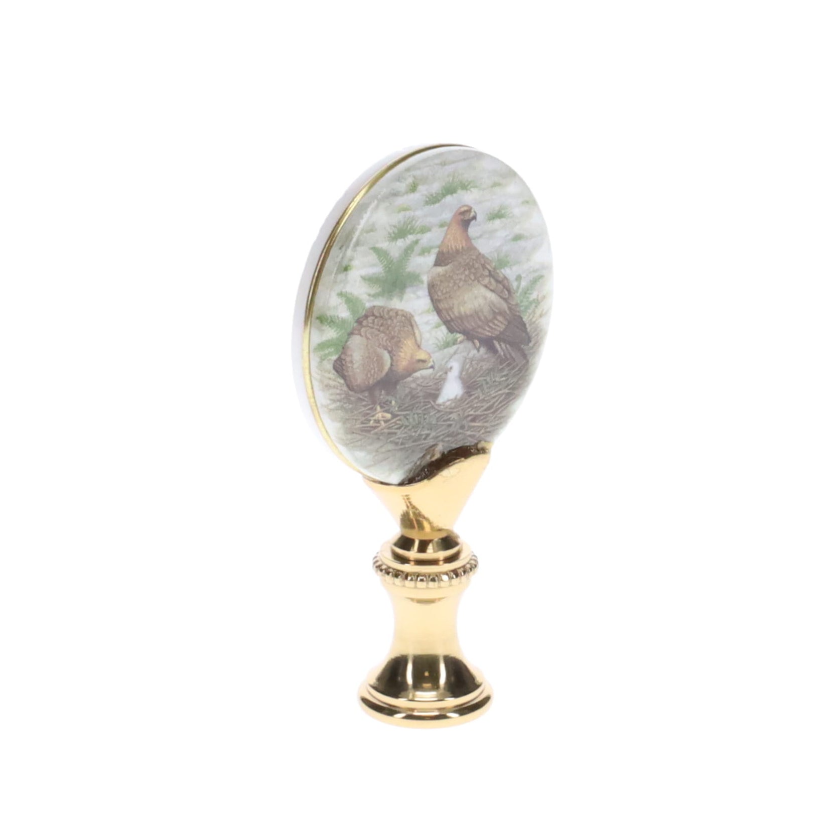 2-5/8" Tall Brass Finial, Picture of Hawks, Ceramic, 1/4-27F Tap (15139)