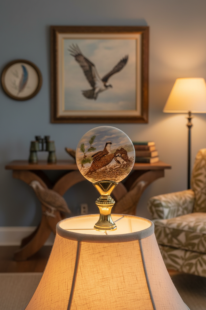 2-5/8" Tall Brass Finial, Picture of Ospreys, Ceramic, 1/4-27F Tap (15140)