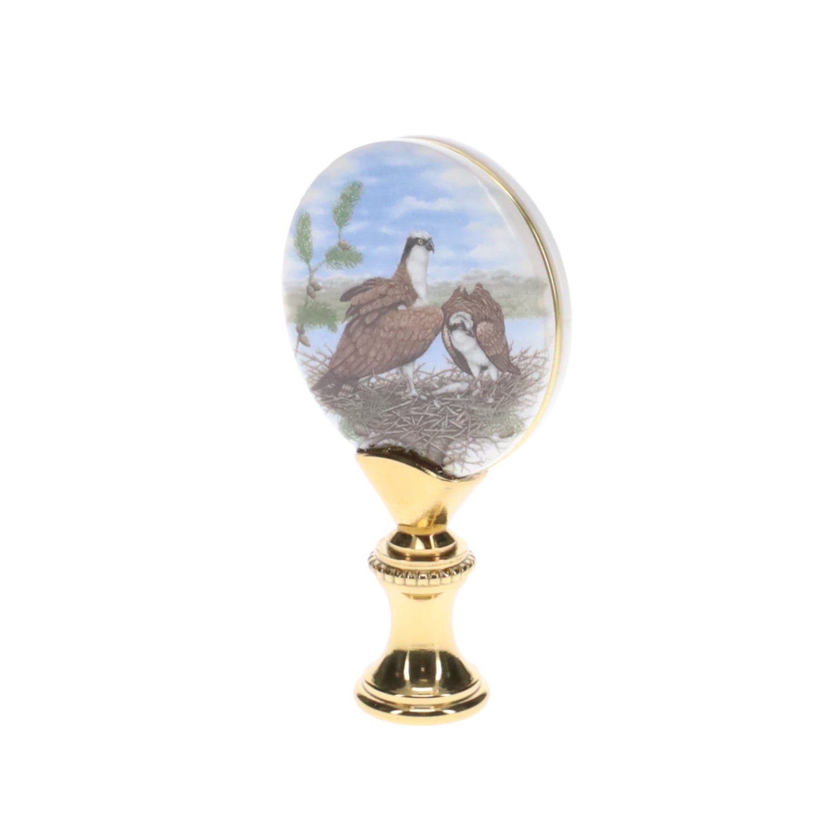 2-5/8" Tall Brass Finial, Picture of Ospreys, Ceramic, 1/4-27F Tap (15140)