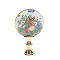 2-7/8" Tall Brass Finial, Picture of Rabbit, Flowers, Butterflies, Ceramic, 1/4-27F Tap (15141)