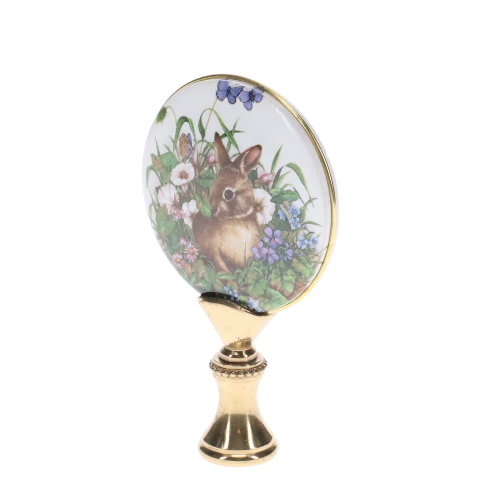 2-7/8" Tall Brass Finial, Picture of Rabbit, Flowers, Butterflies, Ceramic, 1/4-27F Tap (15141)