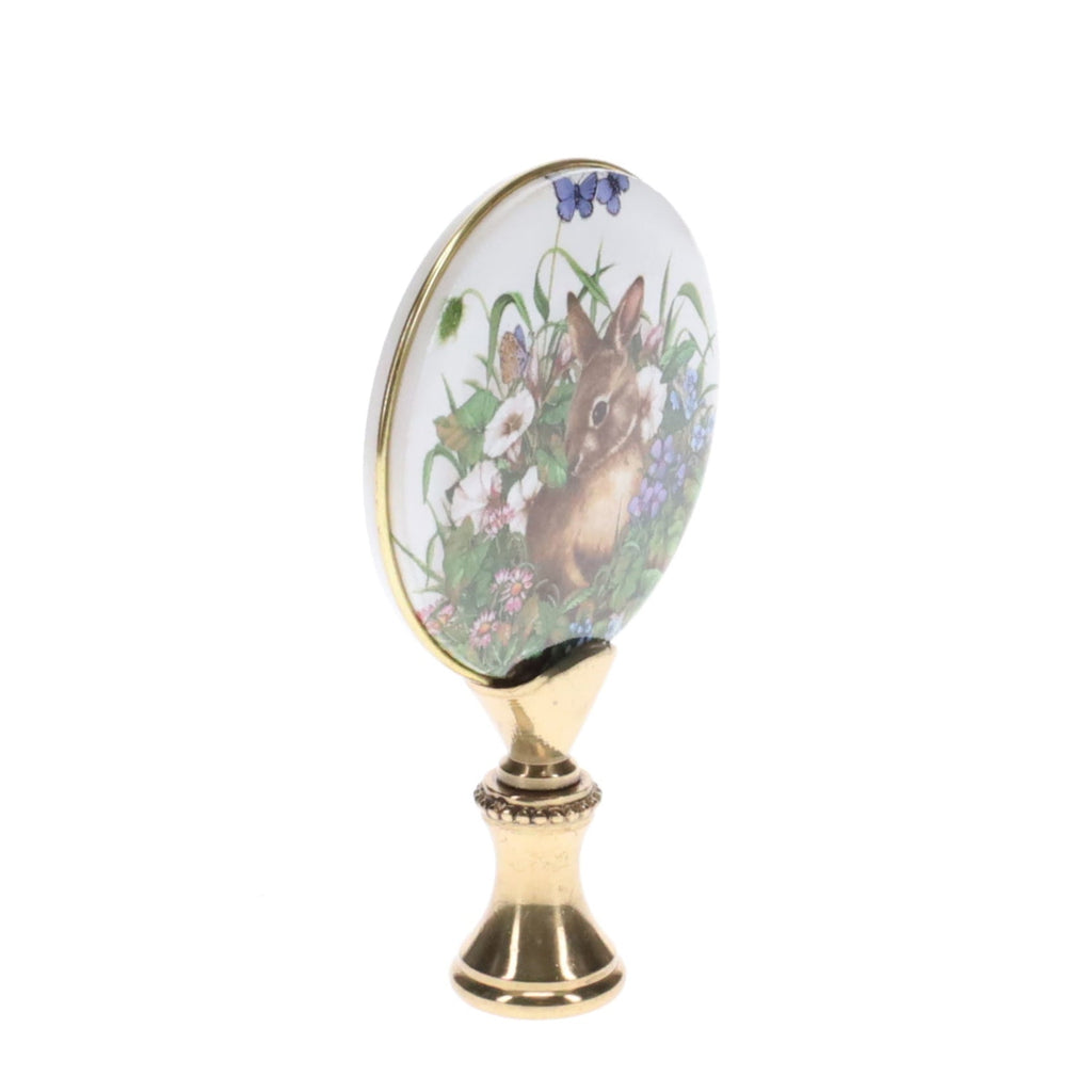 2-7/8" Tall Brass Finial, Picture of Rabbit, Flowers, Butterflies, Ceramic, 1/4-27F Tap (15141)