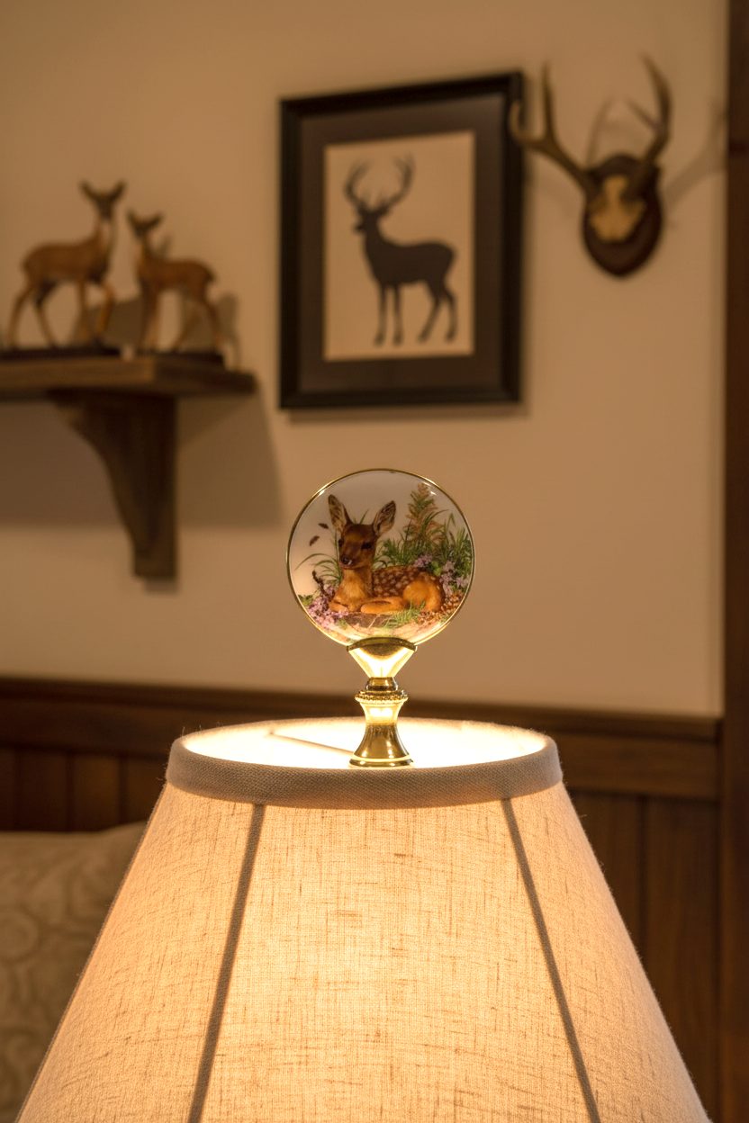 2-7/8" Tall Brass Finial, Picture of Deer/Fawn, Flowers, Ceramic, 1/4-27F Tap (15142)