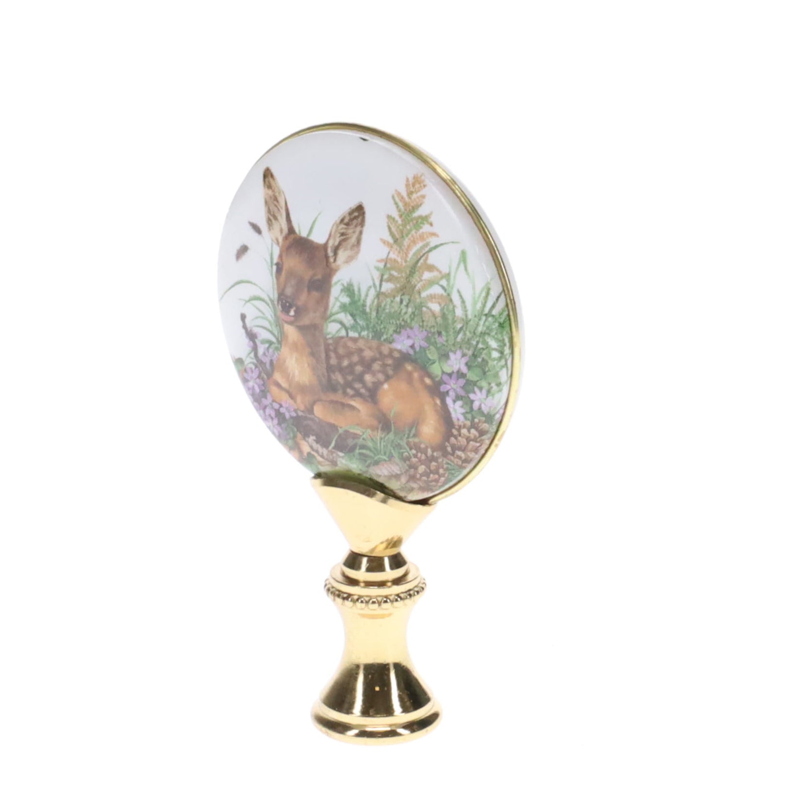 2-7/8" Tall Brass Finial, Picture of Deer/Fawn, Flowers, Ceramic, 1/4-27F Tap (15142)
