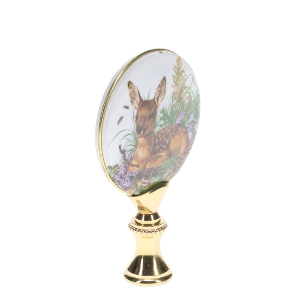 2-7/8" Tall Brass Finial, Picture of Deer/Fawn, Flowers, Ceramic, 1/4-27F Tap (15142)