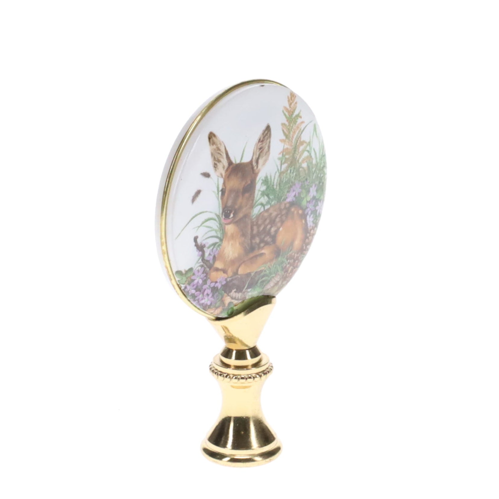 2-7/8" Tall Brass Finial, Picture of Deer/Fawn, Flowers, Ceramic, 1/4-27F Tap (15142)