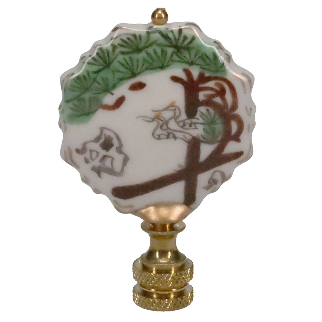 2-3/4" Tall Brass Finial, Painted Porcelain Crane & Pine Tree, 1/4-27F Tap (15150)
